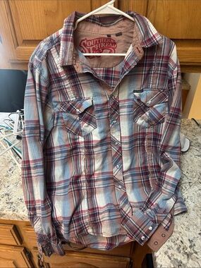 Southern Thread Men’s Red & Light Blue Plaid Button-Up Shirt